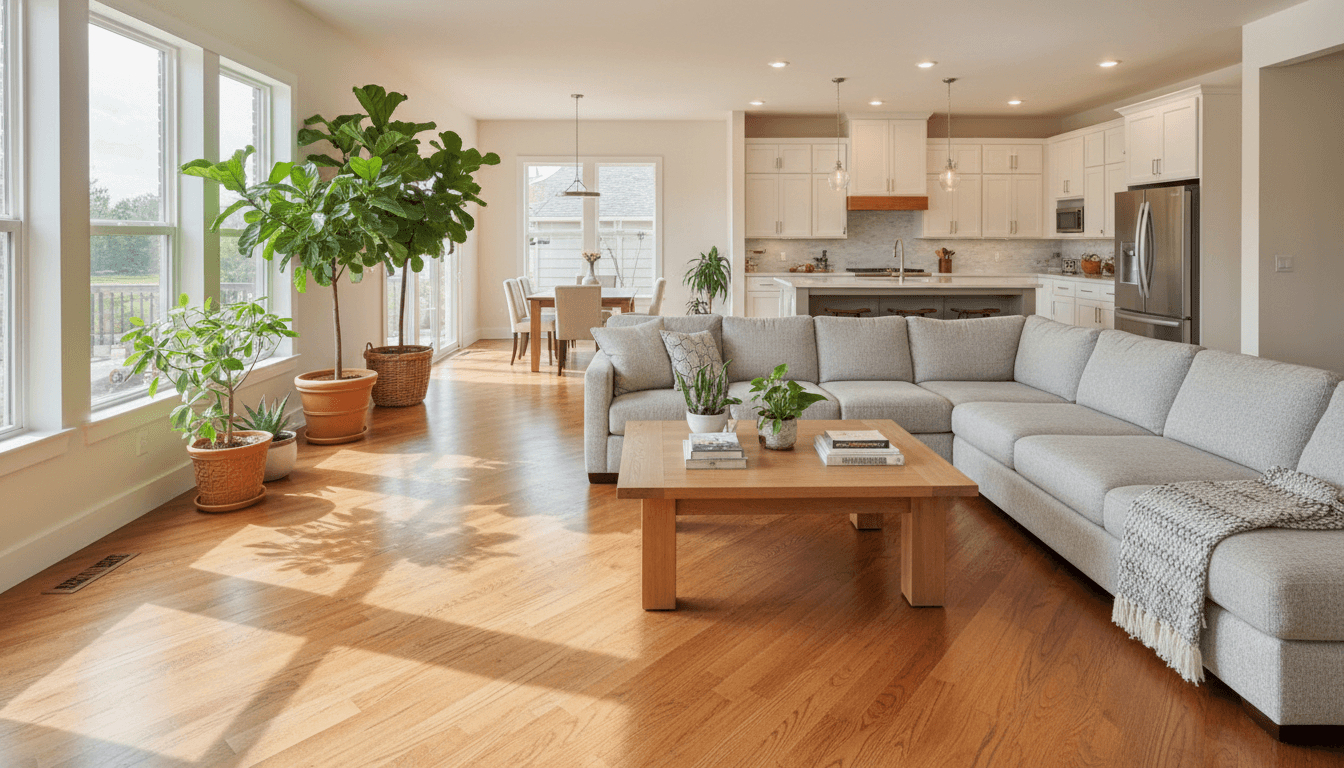New wooden flooring being installed in a modern living room