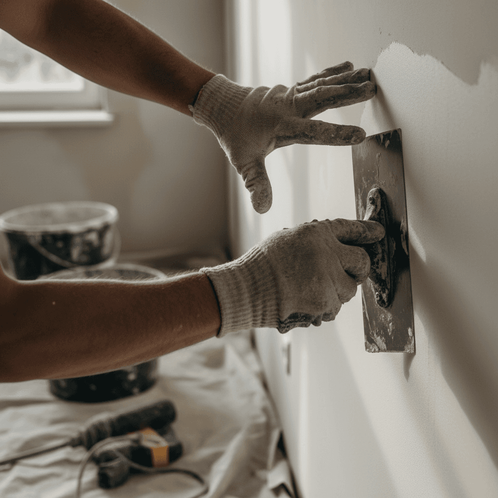 Skilled tradesman applying smooth plaster finish to interior wall with trowel