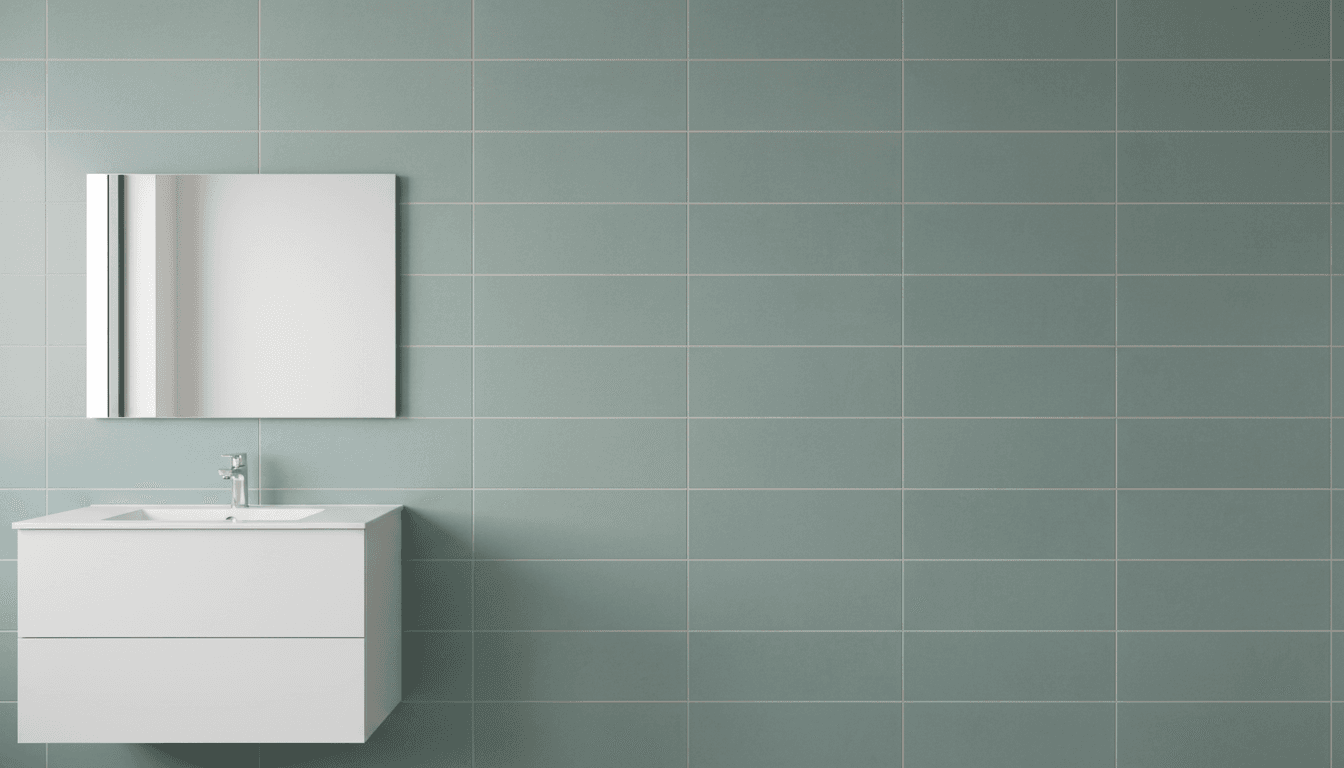 Professional tiler smoothing grout on a bathroom wall
