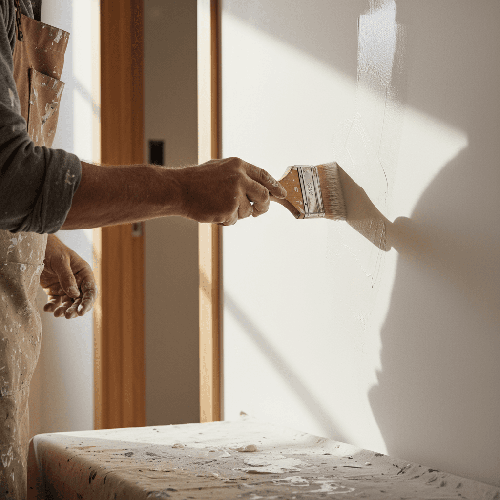 Professional tradesperson sanding interior wall with fine grit paper in natural light